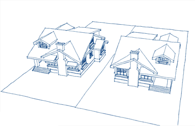 Two wireframe homes on a 2 quadrant plane