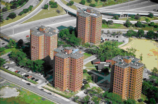 Aerial view of low density buildings