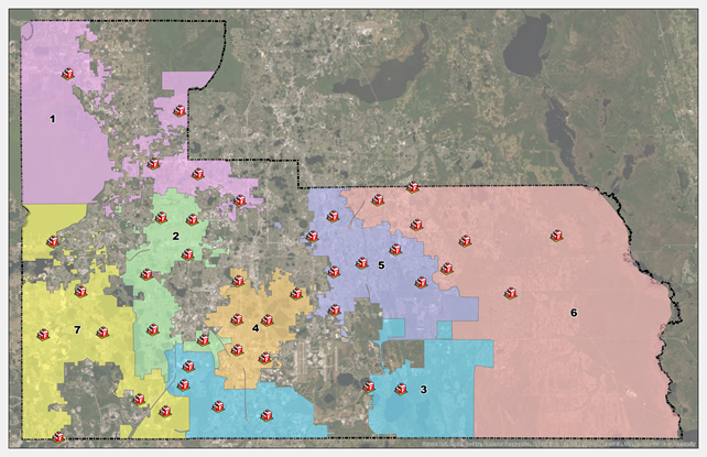 Orange County Fire Rescue Battalions and Fire Station Locations Map - Click to enlarge in new window